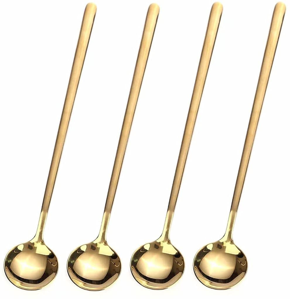 Elevate Your Beverage Experience with 4 PCS Gold Stainless Steel Long Handle Coffee & Tea Spoons - Perfect for Stirring Ice Tea, Espresso, and More!