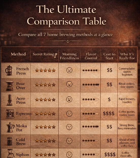 The Ultimate Coffee Comparison Table: 7 Brewing Methods