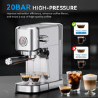 Premium 20Bar Espresso Machine with Milk Frother - Compact Stainless Steel Coffee Maker for Perfect Cappuccinos & Lattes, 42Oz Water Tank, and Visible Pressure Gauge - Ideal for Home & Office Use