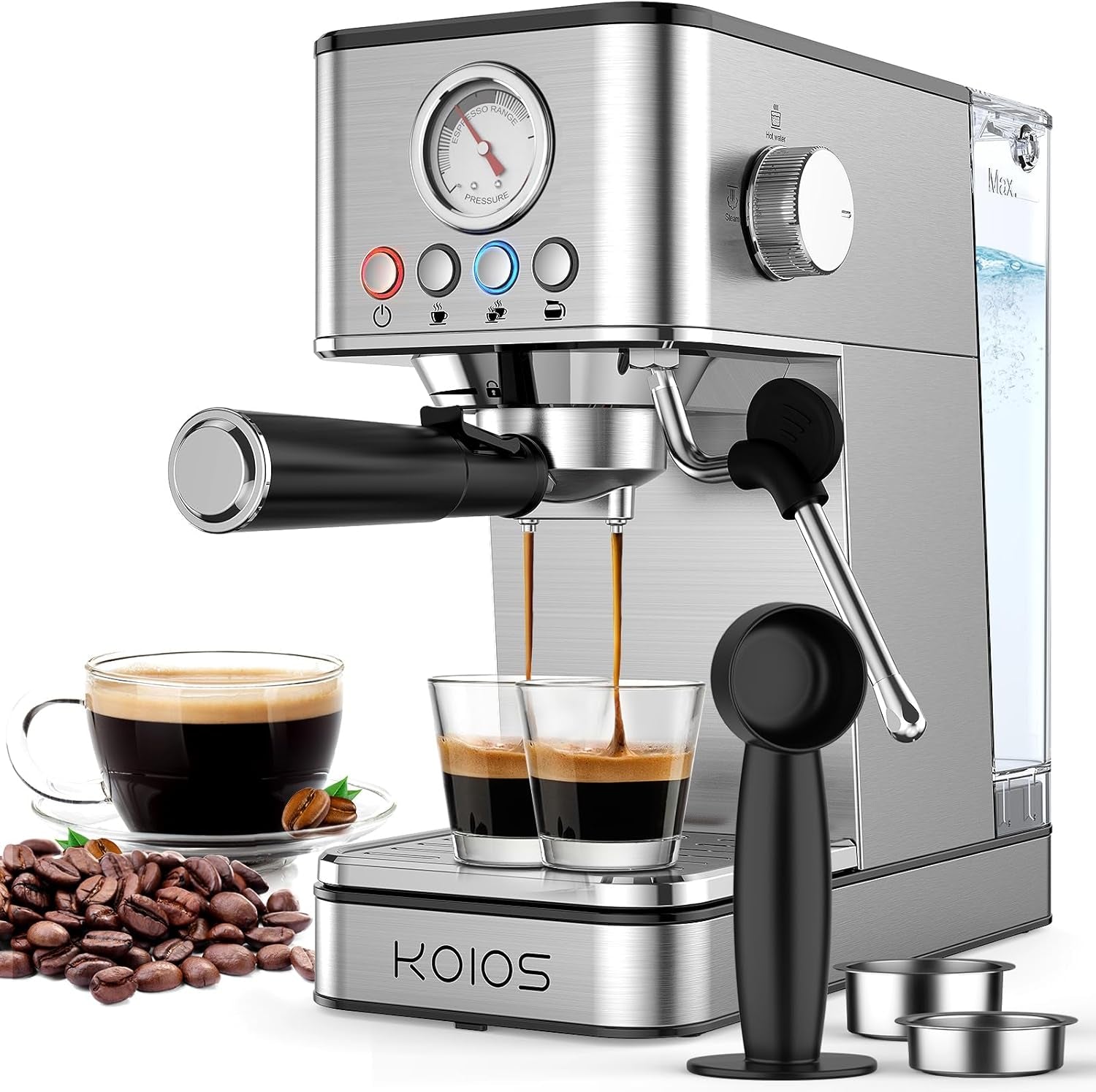 Elevate Your Coffee Experience with the KOIOS EM621 Espresso Machine - 20 Bar Compact Maker with Steam Wand and 58Oz Removable Water Tank in Sleek Silver
