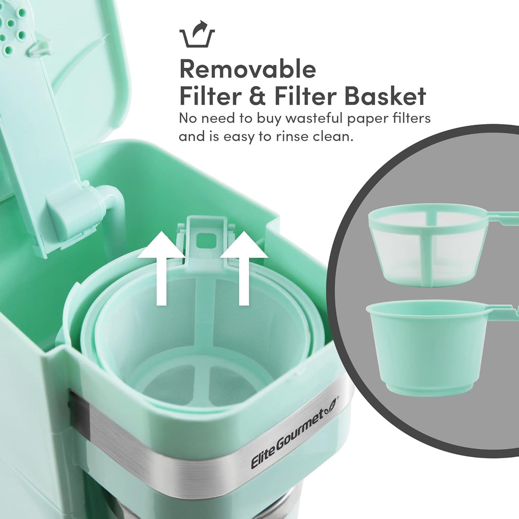Brew Your Perfect Cup Anywhere with the EHC113M Personal Single-Serve Compact Coffee Maker - Includes 14Oz Stainless Steel Travel Mug and Reusable Filter in Stylish Mint
