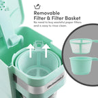 Brew Your Perfect Cup Anywhere with the EHC113M Personal Single-Serve Compact Coffee Maker - Includes 14Oz Stainless Steel Travel Mug and Reusable Filter in Stylish Mint