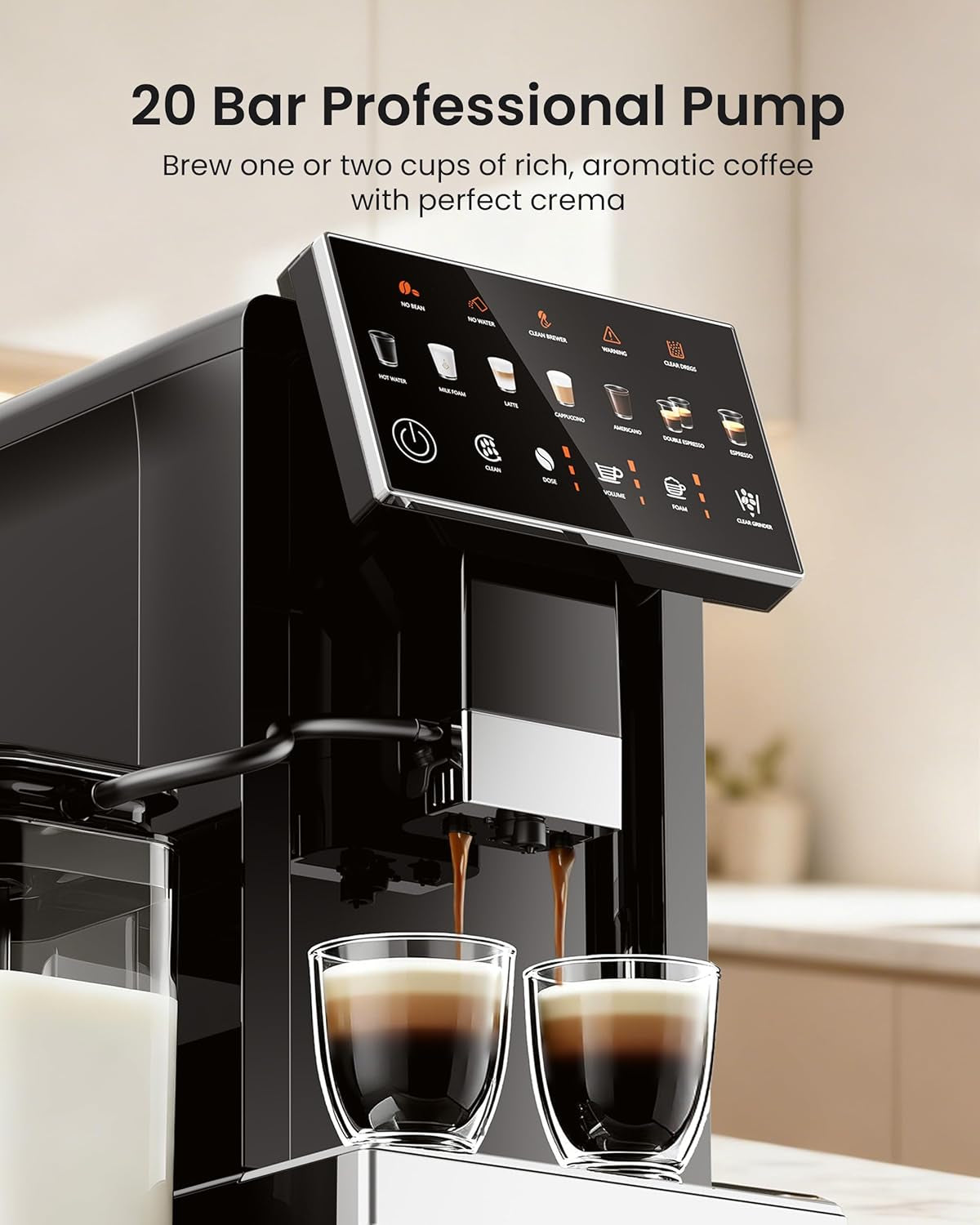 Experience Barista-Quality Coffee at Home with the Fully Automatic 20 Bar Espresso Machine - Customizable Touch Control, Built-In Grinder, and Effortless Milk Frothing