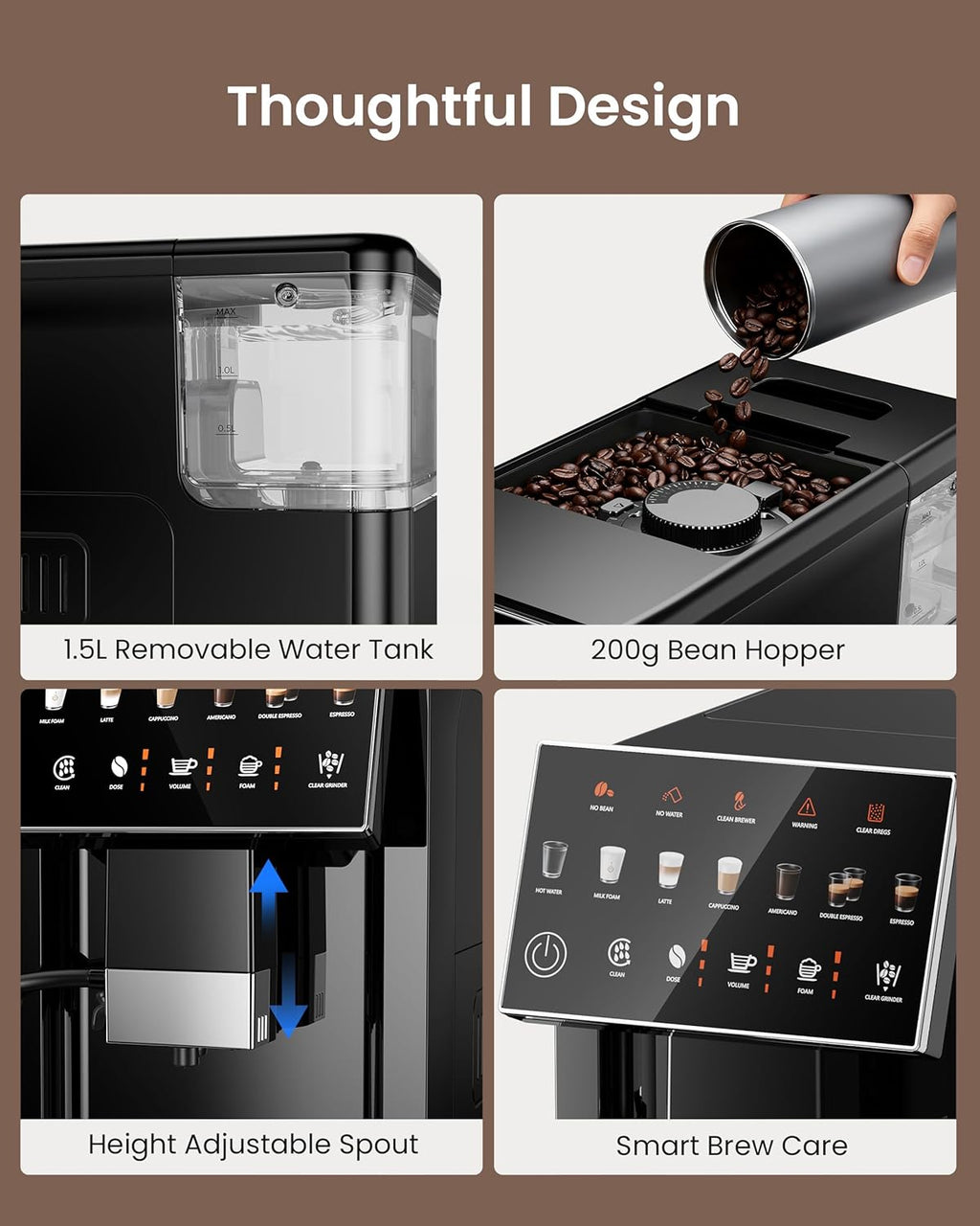 Experience Barista-Quality Coffee at Home with the Fully Automatic 20 Bar Espresso Machine - Customizable Touch Control, Built-In Grinder, and Effortless Milk Frothing