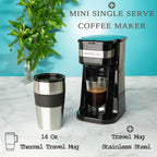 Compact Black Personal Single Serve Coffee Maker with 14Oz Travel Mug – Perfect for On-the-Go Brewing and Easy Cleanup!