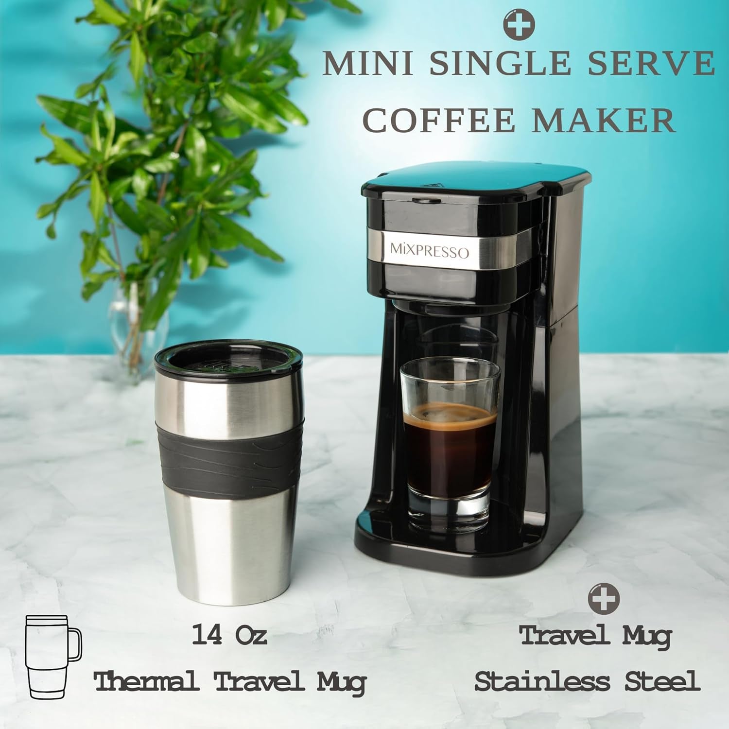 Compact Black Personal Single Serve Coffee Maker with 14Oz Travel Mug – Perfect for On-the-Go Brewing and Easy Cleanup!