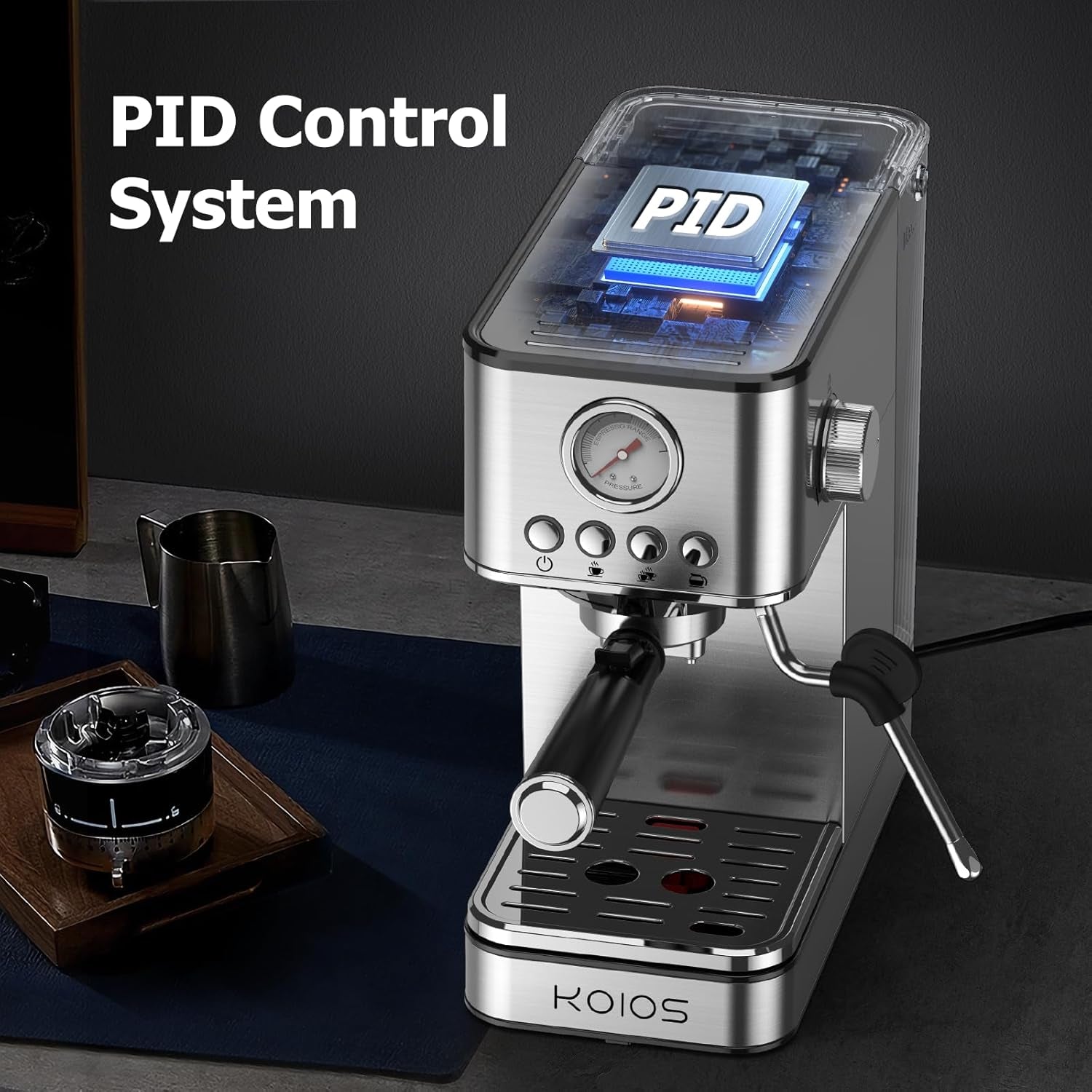 Elevate Your Coffee Experience with the KOIOS EM621 Espresso Machine - 20 Bar Compact Maker with Steam Wand and 58Oz Removable Water Tank in Sleek Silver