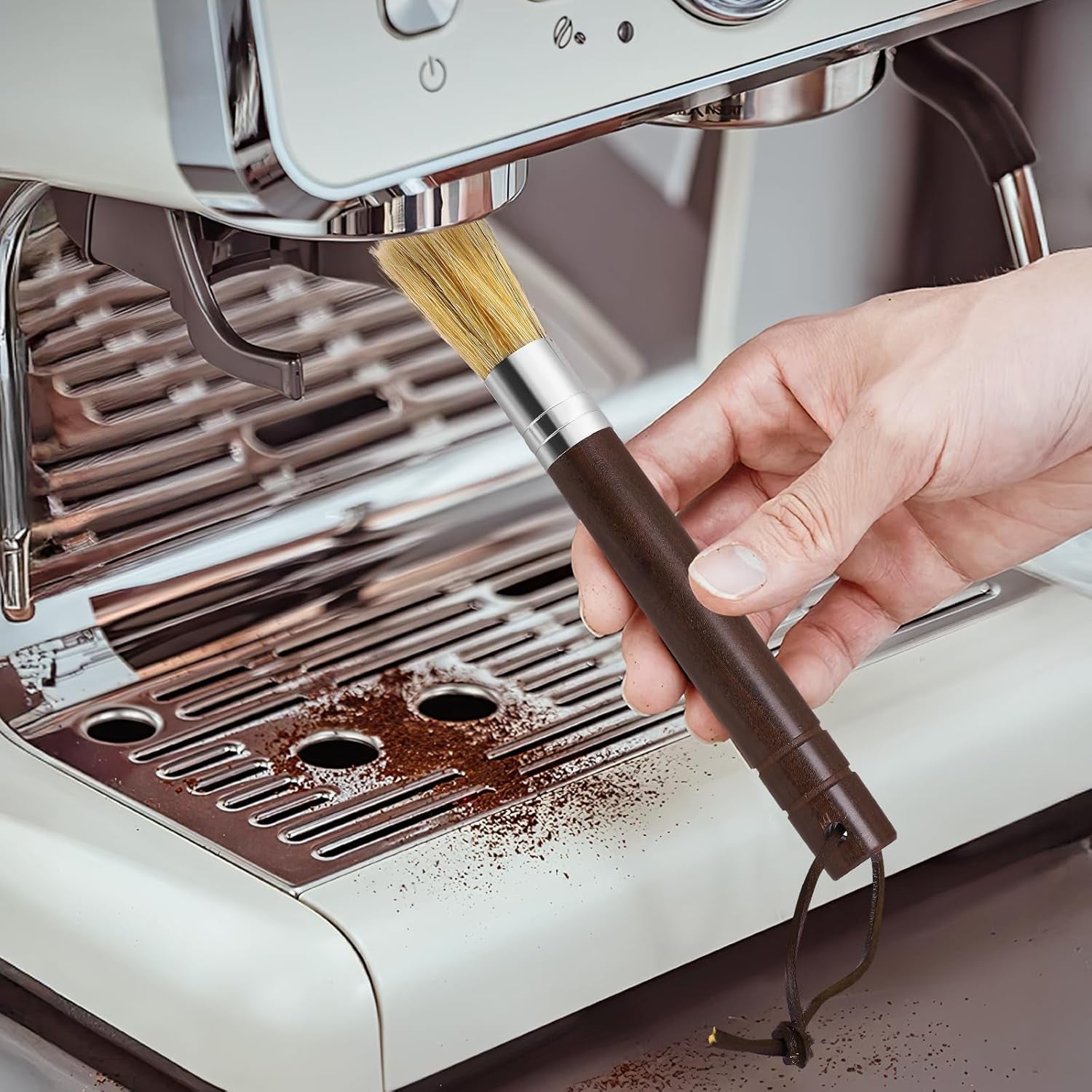 Premium Coffee Grinder Cleaning Brush - Natural Bristle Espresso Machine Brush with Comfortable Wooden Handle for Home Baristas